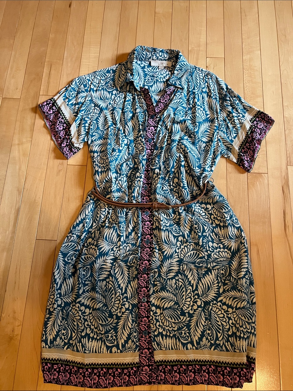 LOFT Teal and Cream Floral Shirt Dress with Pink Border Size 6